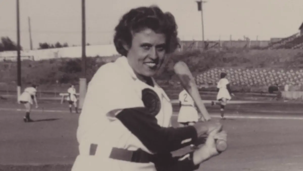 Historical photograph of South Bend Blue Sox star, Betsy Jochum
