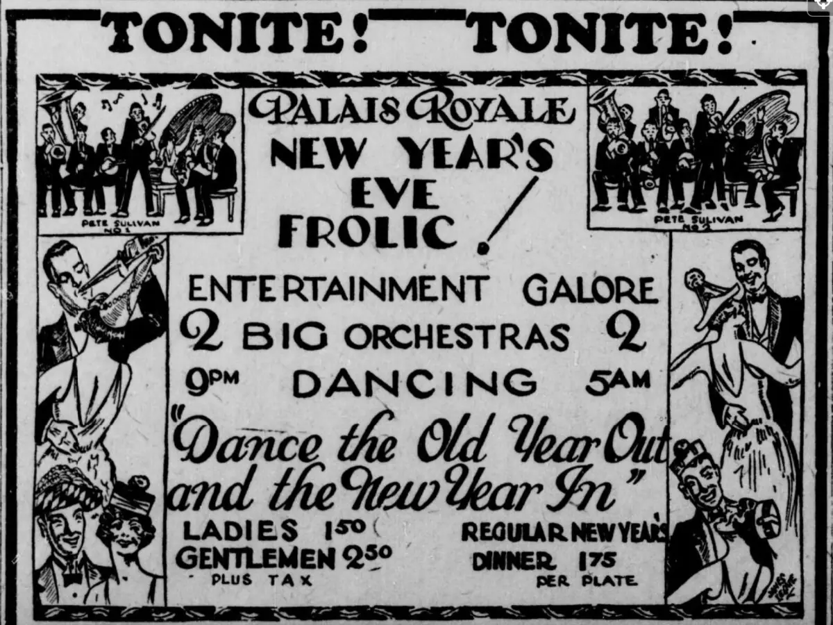 Newspaper advertisement for the 1925 New Year's Eve celebration at South Bend's Palais Royale