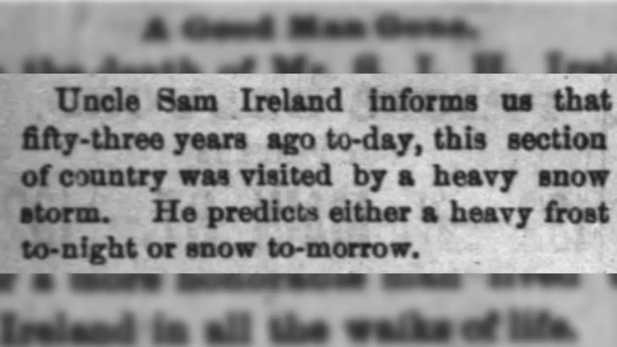 Newspaper clipping shares Sam Ireland's weather predictions.