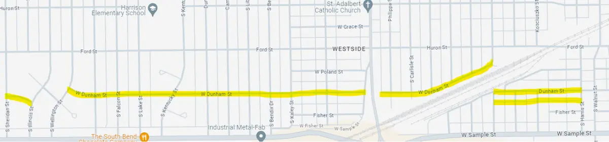 Map highlighting Dunham Street(s) in South Bend