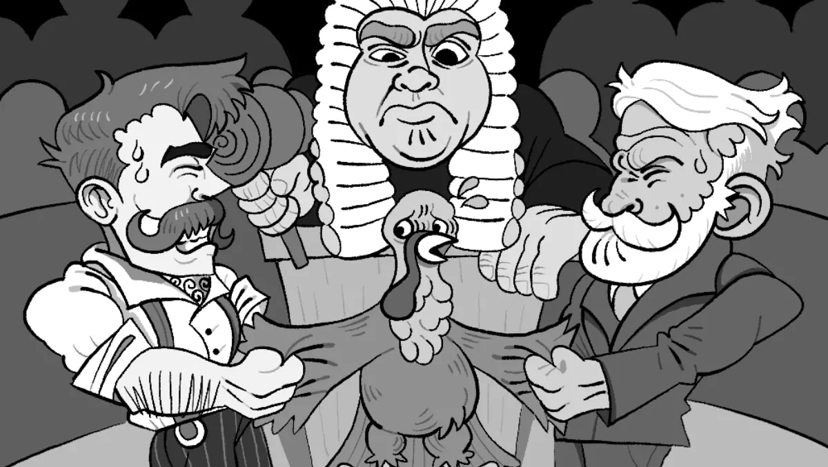 Cartoon depicts two man fighting over a turkey