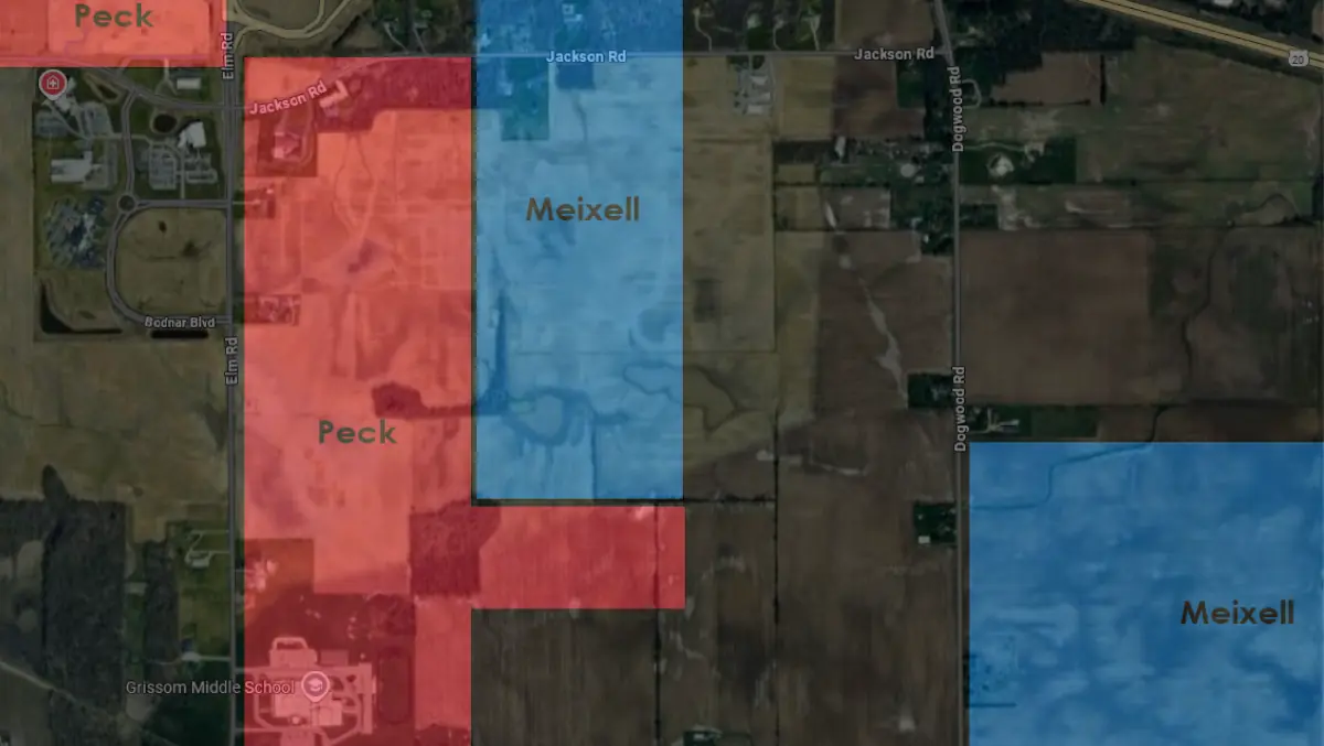 Map shows Peck and Meixell properties in Penn Township.